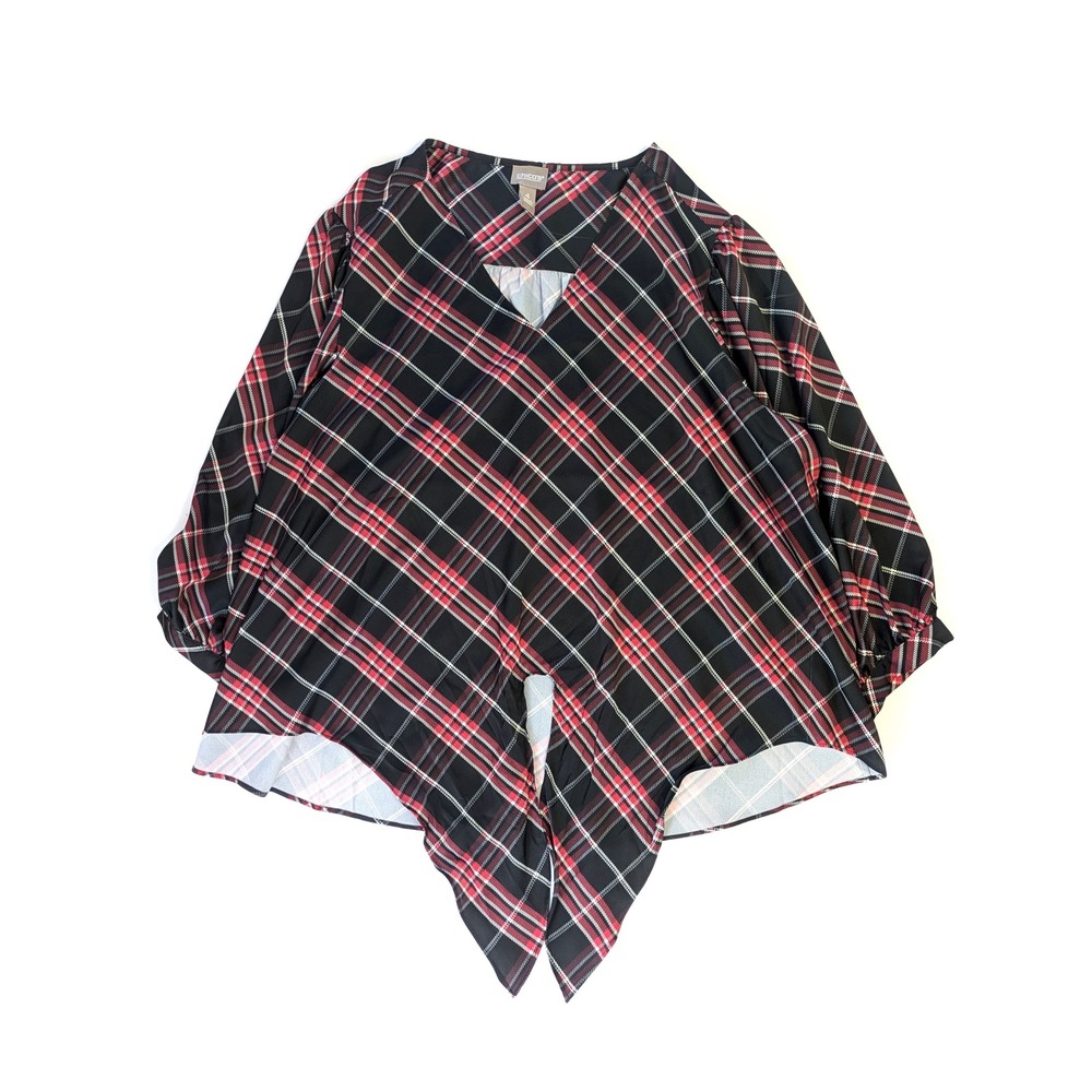 Chicos Red Black Plaid V-Neck Tie Front Puff Sleeve Blouse Top Size 4 XL/XXL